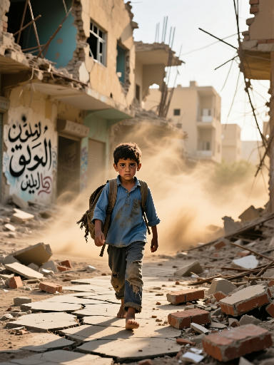 طفل من العراق يمشي في شوارع مهدمة