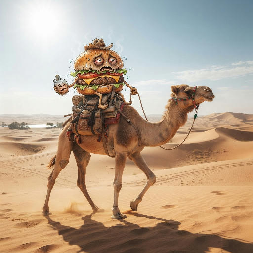create an image of a burger riding camel in desert looking for water, the burger should be alive and looking very thirsty and dried up and the camel should be very healthy and energetic
