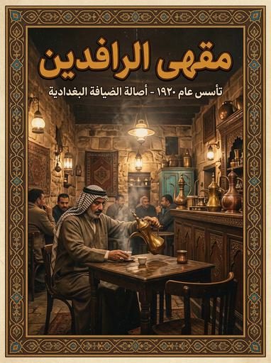 ملصق لمقهى بغدادي قديم، إضاءة دافئة، والاسم بخط عربي واضح