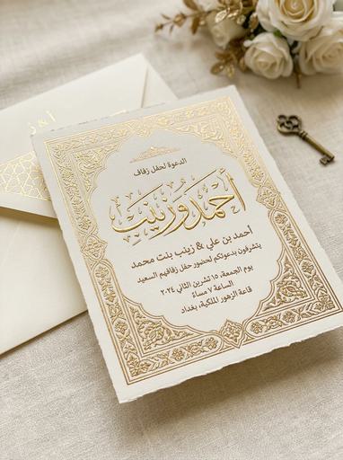 دعوة زفاف عراقية، زخرفة ذهبية، الأسماء بخط عربي مزخرف
