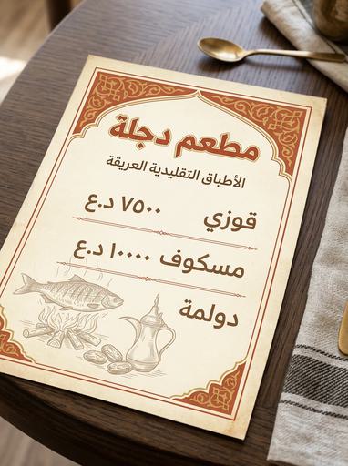 قائمة طعام لمطعم عراقي تقليدي، تصميم أنيق بخط عربي واضح للأطباق والأسعار